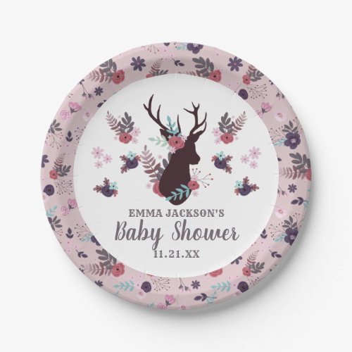 Rustic Deer Head Mauve Floral Girl Baby Shower Paper Plates