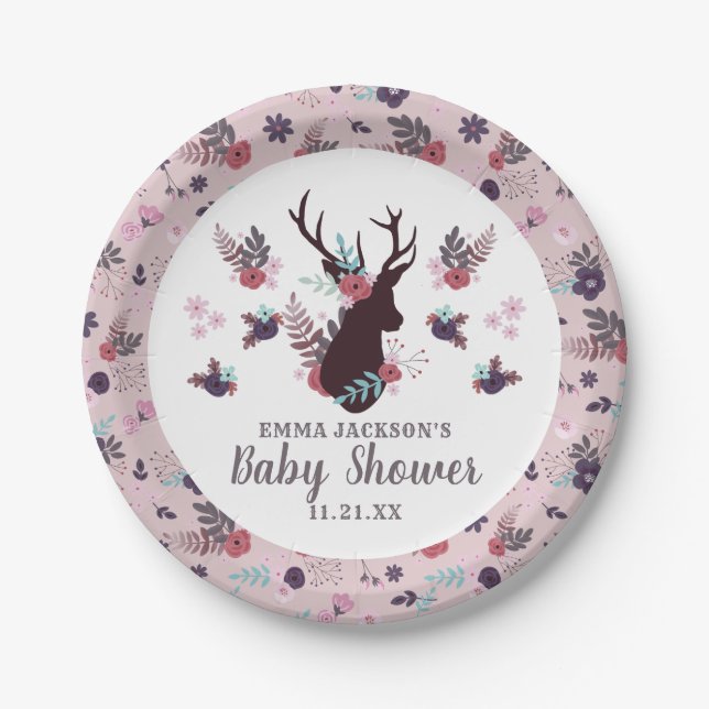 Rustic Deer Head Mauve Floral Girl Baby Shower Paper Plates (Front)
