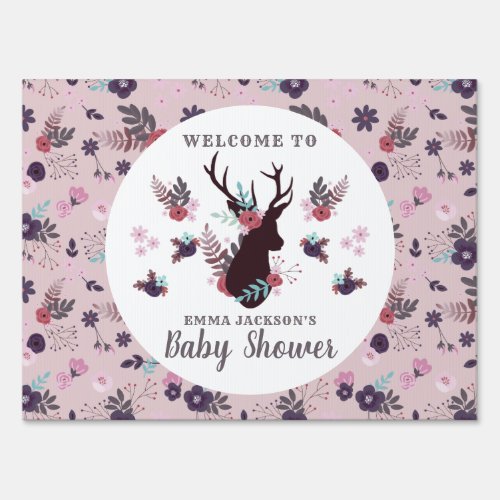 Rustic Deer Head Mauve Floral Girl Baby Shower Sign