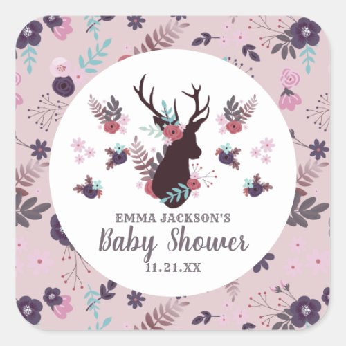 Rustic Deer Head Mauve Floral Girl Baby Shower Square Sticker