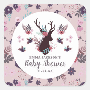 Rustic Deer Head Mauve Floral Girl Baby Shower Square Sticker