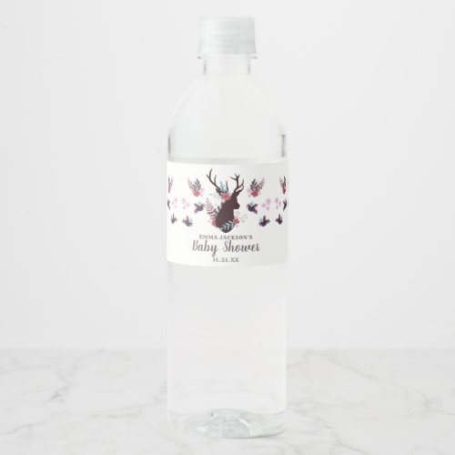 Rustic Deer Head Mauve Floral Girl Baby Shower Water Bottle Label