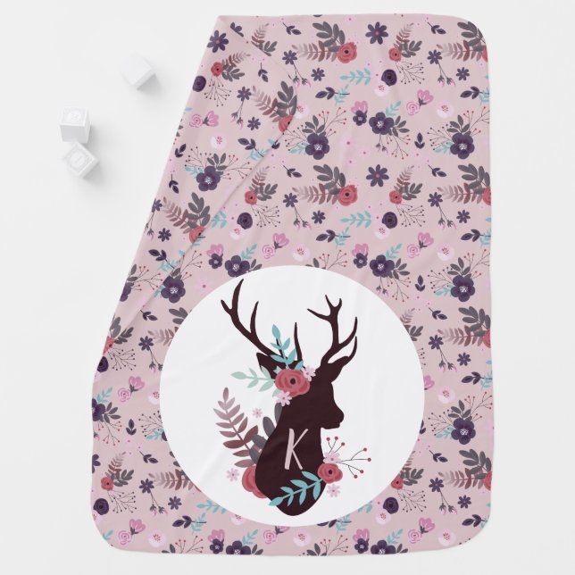 Rustic Deer Head Mauve Floral Monogram Initial Baby Blanket (In Situ)