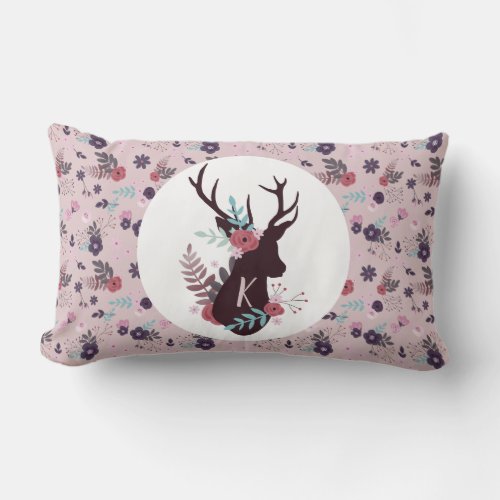 Rustic Deer Head Mauve Floral Monogram Initial Lumbar Pillow