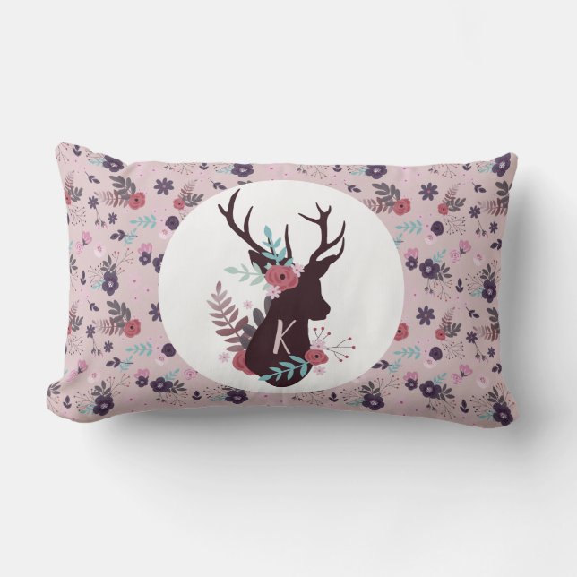 Rustic Deer Head Mauve Floral Monogram Initial Lumbar Pillow (Front)