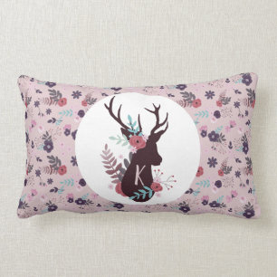Rustic Deer Head Mauve Floral Monogram Initial Lumbar Pillow