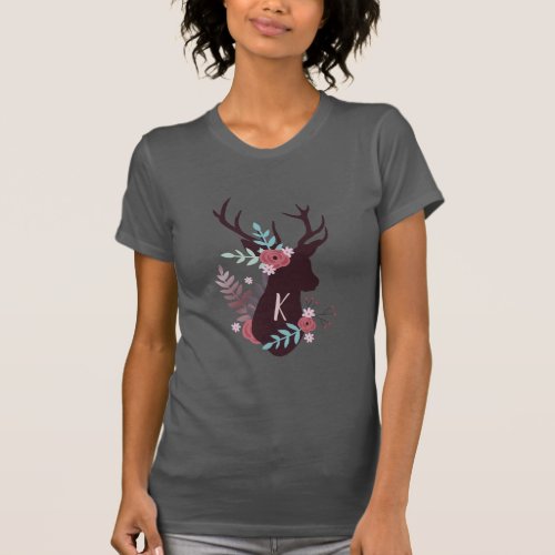 Rustic Deer Head Mauve Floral Monogram Initial T_Shirt