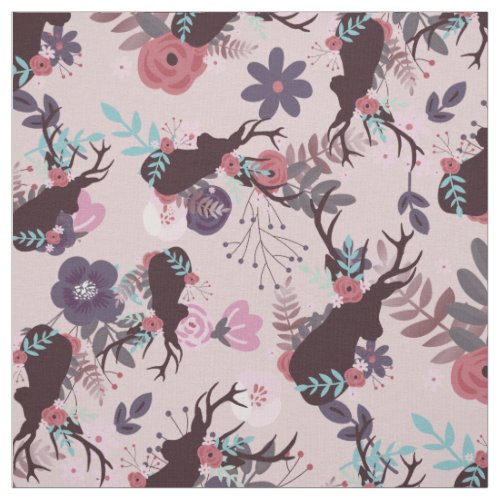 Rustic Deer Head Mauve Pink Floral Trendy Pattern Fabric