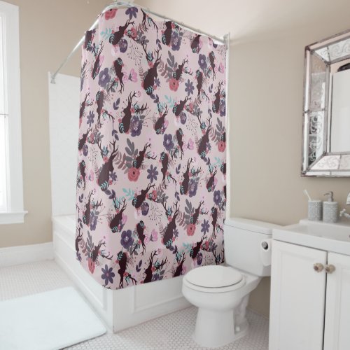 Rustic Deer Head Mauve Pink Floral Trendy Pattern Shower Curtain