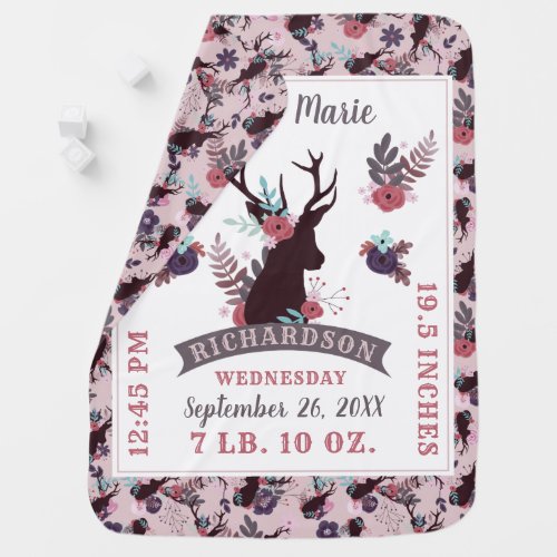 Rustic Deer Head New Baby Girl Birth Record Stats Baby Blanket