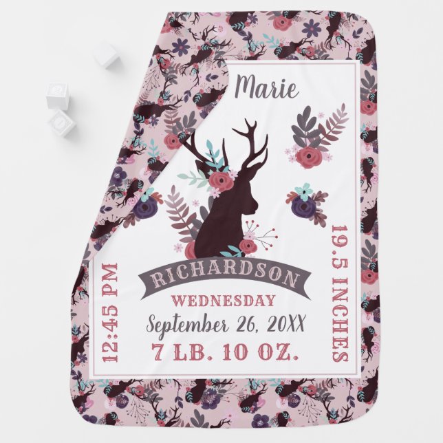 Rustic Deer Head New Baby Girl Birth Record Stats Baby Blanket (In Situ)