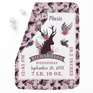 Rustic Deer Head New Baby Girl Birth Record Stats Blanket