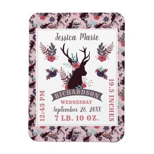 Rustic Deer Head New Baby Girl Birth Record Stats Magnet