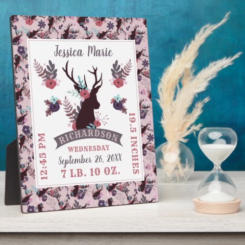 Rustic Deer Head New Baby Girl Birth Record Stats Plaque