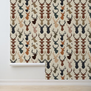 Rustic Deer Head Pattern Modern Woodland Animal Wallpaper