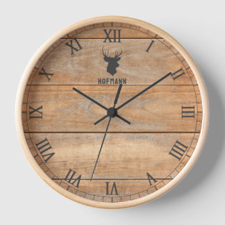 Rustic Deer Head Round Natural Wood Personalized  Clock