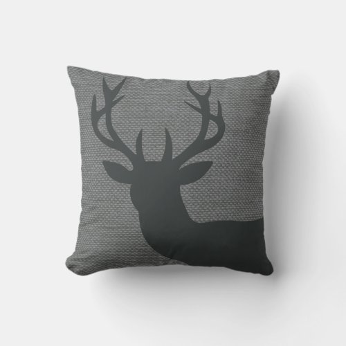 Rustic Deer Head Silhouette on Burlap  grey Throw Pillow