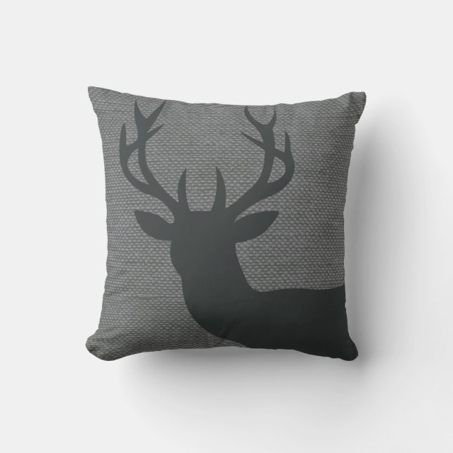 Rustic Deer Head Silhouette on Burlap | grey Throw Pillow (Front)