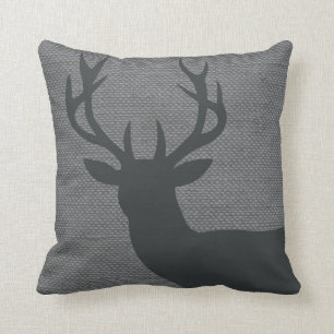 Rustic Deer Head Silhouette on Burlap grey Throw Pillow