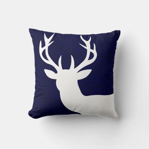 Rustic Deer Head Silhouette on Burlap  navy white Throw Pillow