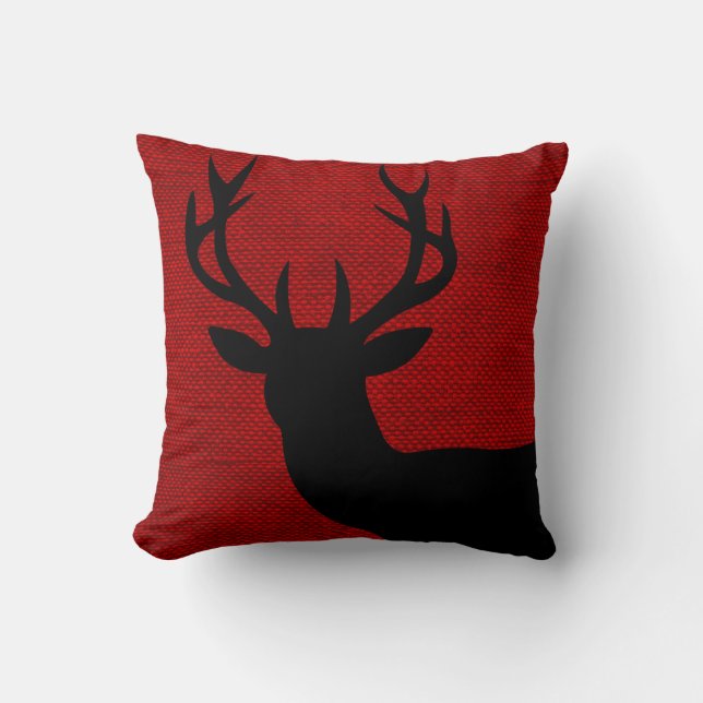 Rustic Deer Head Silhouette on Burlap | red black Throw Pillow (Front)