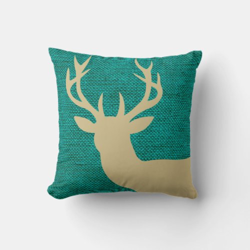 Rustic Deer Head Silhouette on Burlap  turquoise Throw Pillow