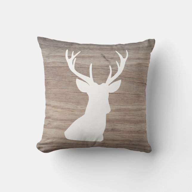 Rustic Deer Head Silhouette Wood Throw Pillow (Front)