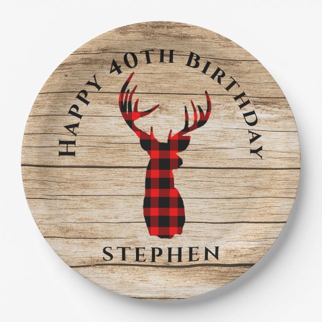 Rustic Deer Hunter Theme 40th Birthday Party Paper Plates (Front)