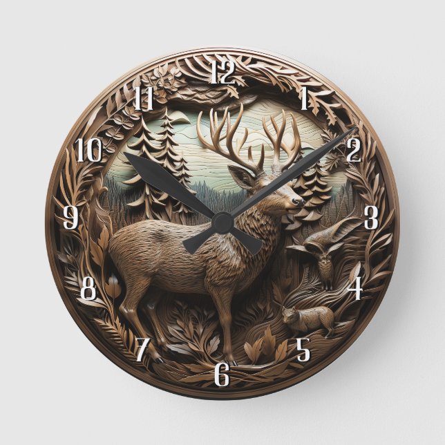Rustic Deer Hunting Cabin Round Clock (Front)