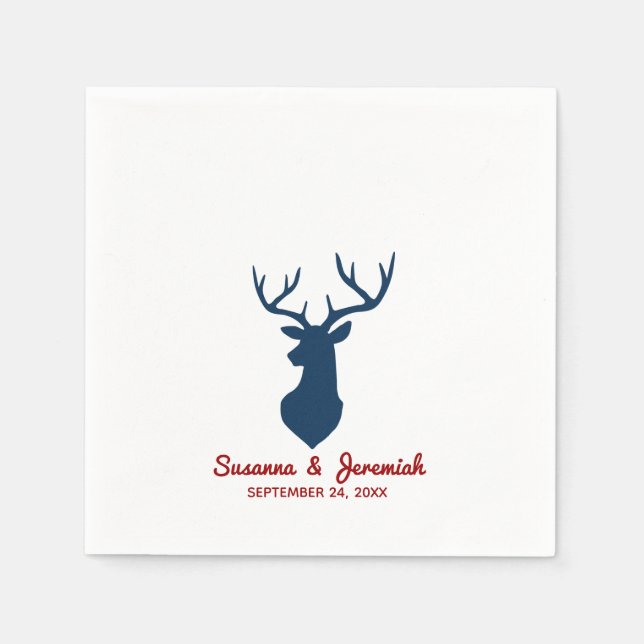 Rustic Deer in Blue and Red Wedding Reception Napkins (Front)
