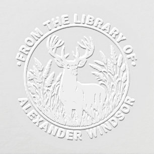 Rustic Deer in Tall Grass Round Library Book Name Embosser