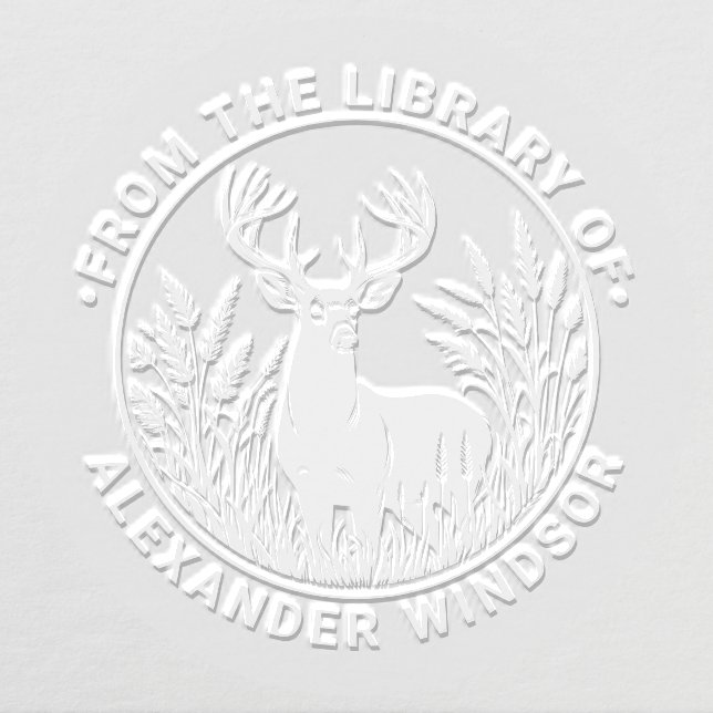 Rustic Deer in Tall Grass Round Library Book Name Embosser (Design)