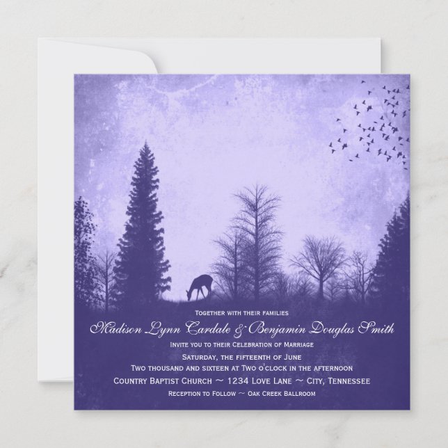 Rustic Deer in Trees Purple Wedding Invitations (Front)