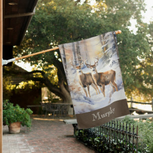 Rustic Deer in Winter Woods House Flag