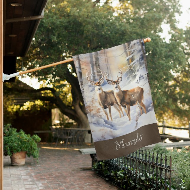 Rustic Deer in Winter Woods House Flag (In SItu)