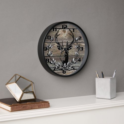 Rustic Deer Laurel leaves Old Wooden Boards Clock