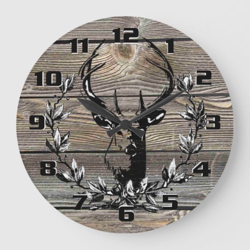 Rustic Deer Laurel leaves Old Wooden Boards Large Clock