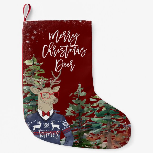 rustic deer merry christmas holiday small christmas stocking (Front)