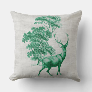 Rustic Deer on Canvas Grain Sack Green Throw Pillow