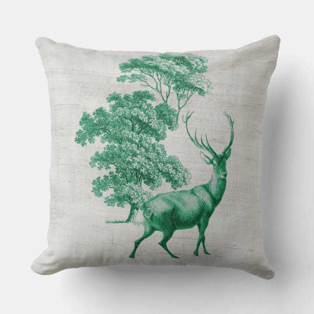 Rustic Deer on Canvas Grain Sack Green Throw Pillow (Front)