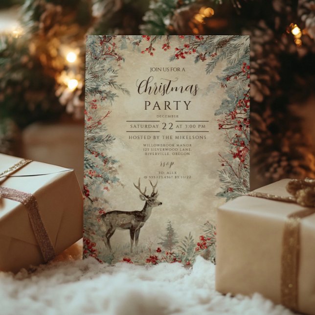 Rustic Deer Pine Berry Christmas Party Invitation (Creator Uploaded)