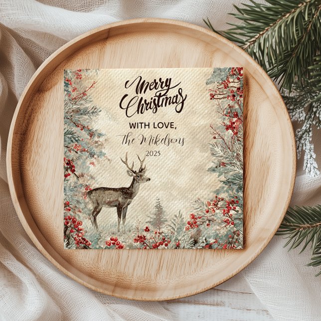 Rustic Deer Pine Berry Christmas Party Napkins (Creator Uploaded)