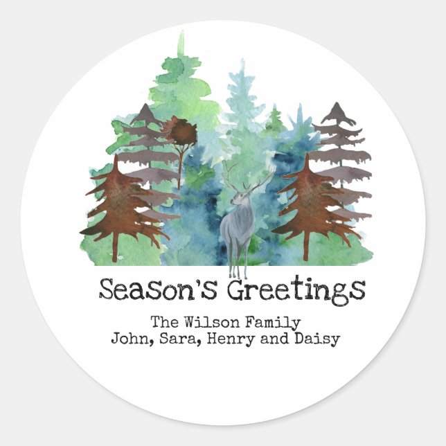 Rustic Deer Pine Tree Outdoors Seasons Greetings  Classic Round Sticker (Front)