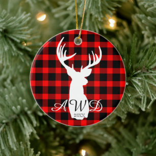 Rustic Deer Red Buffalo Plaid Ceramic Ornament