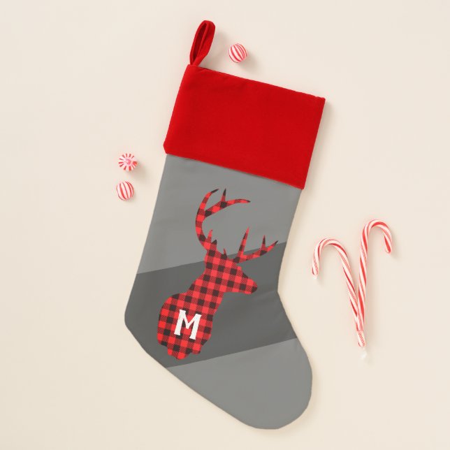 Rustic Deer Red Buffalo Plaid Monogram Mens Christmas Stocking (Front)