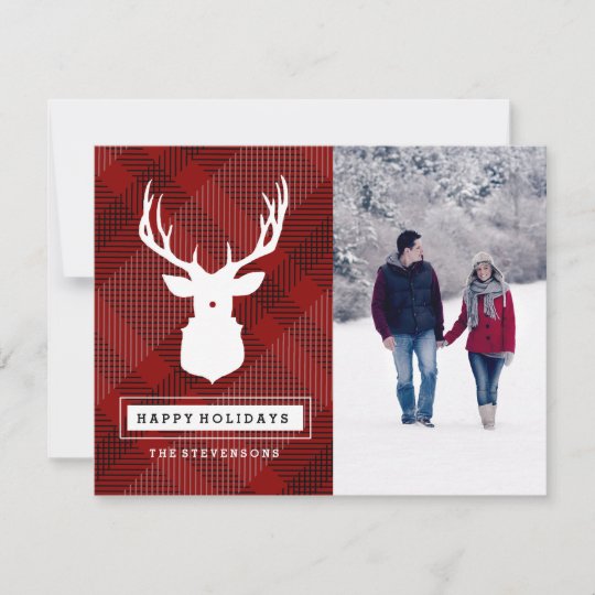 Rustic Deer Red Plaid Photo Holiday Card