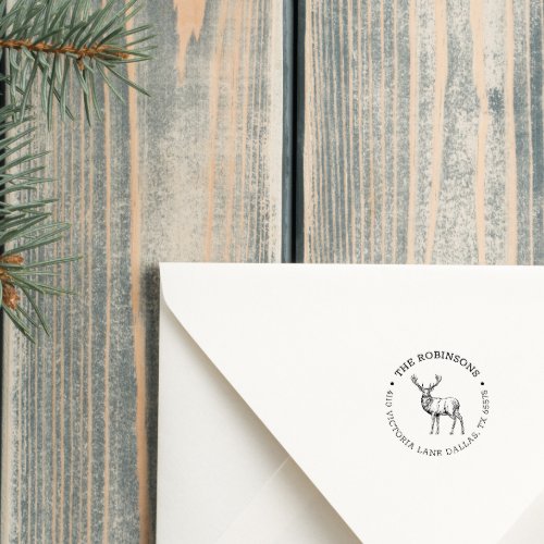 Rustic Deer Round Family Return Address Rubber Stamp