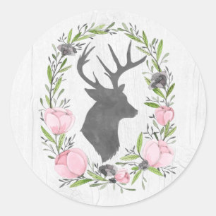 Rustic Deer Silhouette Floral Wreath Cameo on Wood Classic Round Sticker