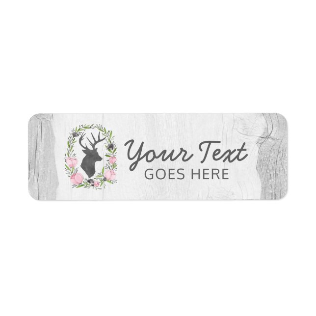 Rustic Deer Silhouette Floral Wreath Cameo on Wood Label (Front)