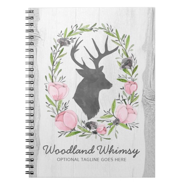 Rustic Deer Silhouette Floral Wreath Cameo on Wood Notebook (Front)
